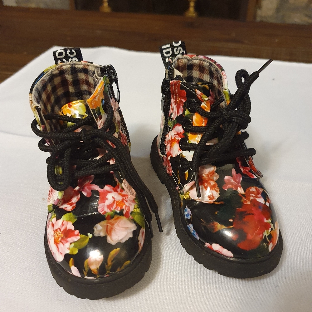 Doc Marten-like floral patent leather boots